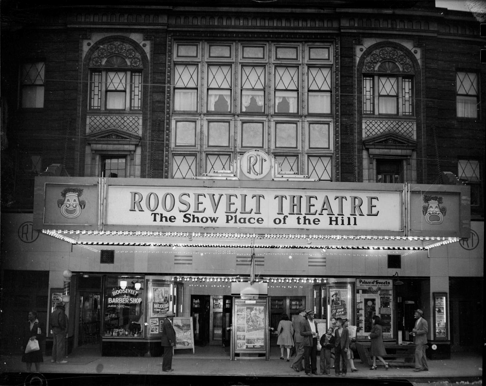 The marquee of the Roosevelt Theatre in Pittsburgh’s Hill District, as photographed by Teenie Harris. [1]
