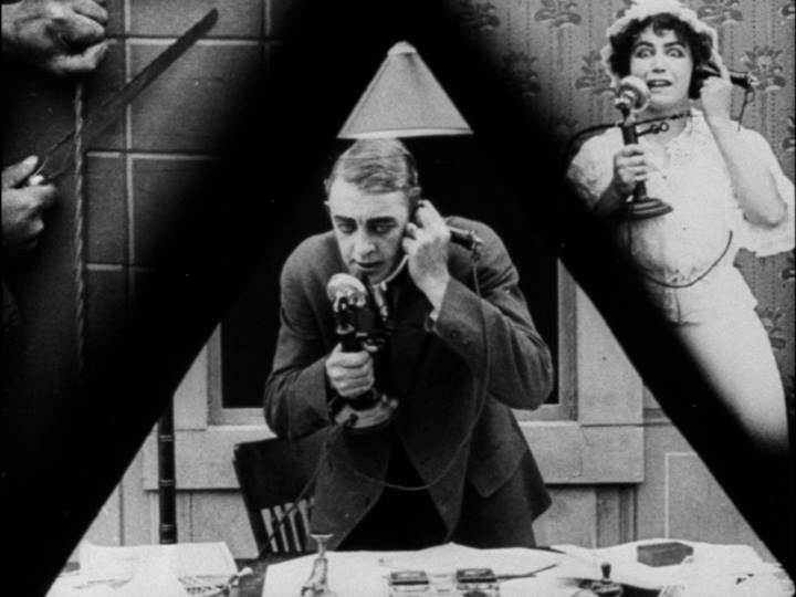 A still from Weber’s Suspense.[2] Seen here is an early, stylishly composed example of the thriller trope of the phone lines being cut by an intruder.